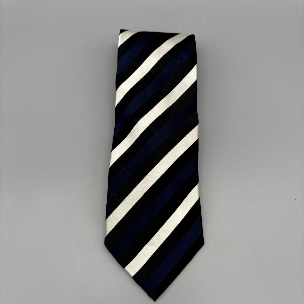 Donald J Trump Signature Necktie‎ Men's Black Blue White Striped 100% Silk 59"